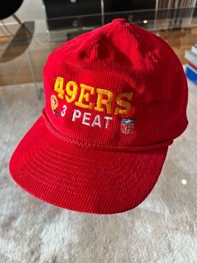 Vintage San Francisco 49ers 3 Peat Hat NFL Red Corduroy Adjustable